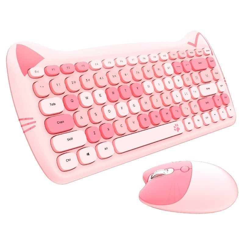 kit Teclado e Mouse Sem Fio Gatinho Fofo USB Colorido Candy Macio e Confortável + Mouse Pad