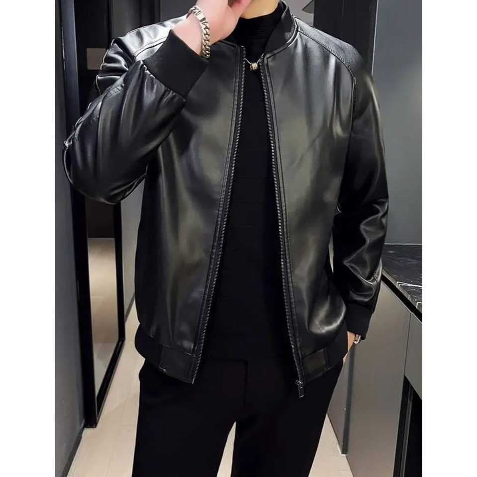 Blusa Masculina De Couro Frio Slim Gola Inverno Luxo Coleção Outono/Inverno Jaqueta de Couro Ecológico bomber  Forrada