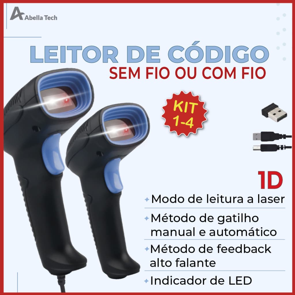 Leitor De Código De Barras Scanner Laser Com ou Sem Fio USB Leitura 1D