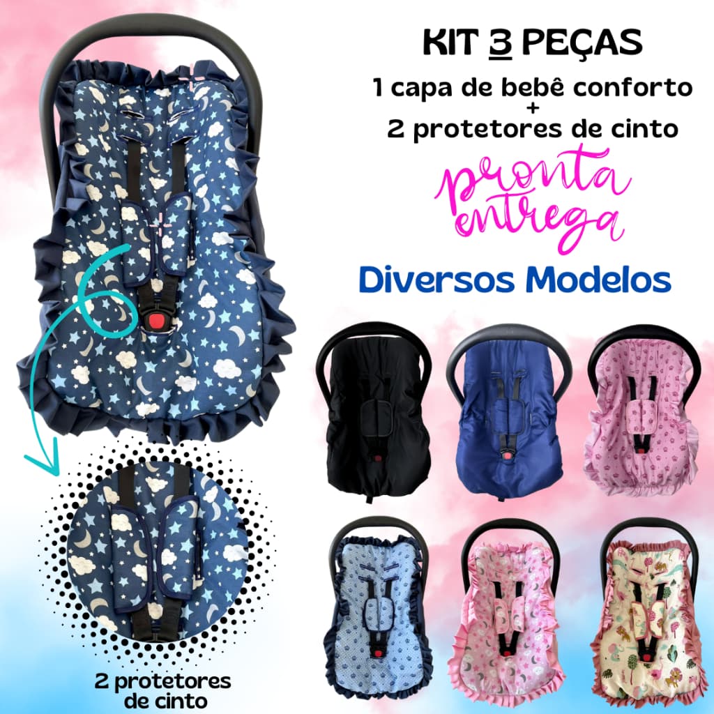 Kit para bebê conforto 3 peças universal Galzerano Chicco Cosco Burigotto capa + protetores cinto