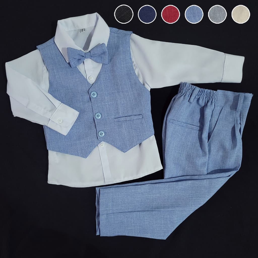 Conjunto Batizado Pajem Colete Azul Serenity Visual de Linho 1 a 12