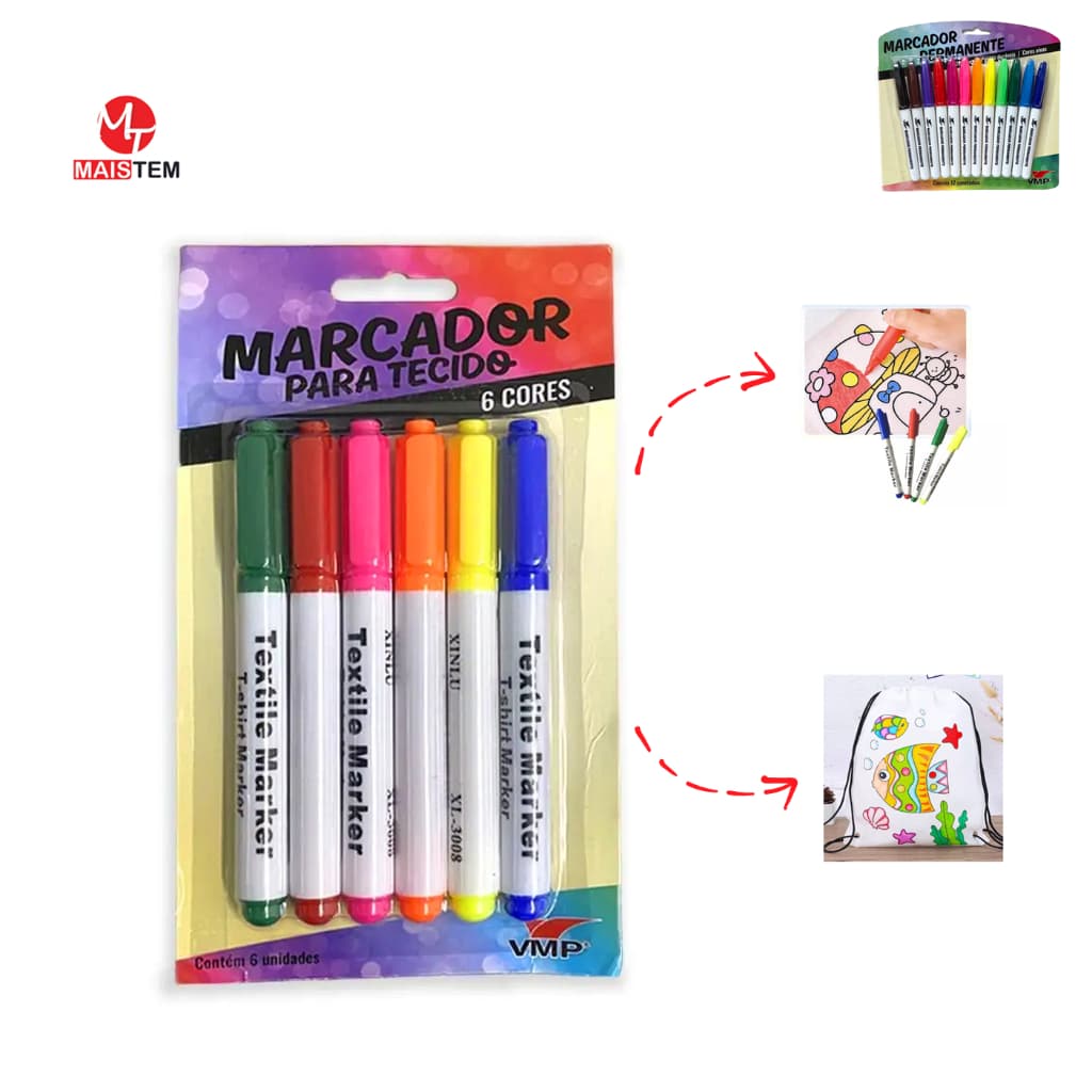  Canetão Permanente para Tecido Artesanato Costura DIY Risco Em Tecido 6 Cores Coloridas Forte