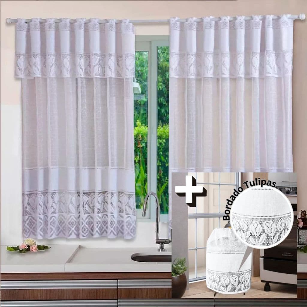 Cortina Cozinha Renda Tulipa Branca com bando 1,20m x 2,20m - 2 Folhas + Capa de Botijão Tulipa