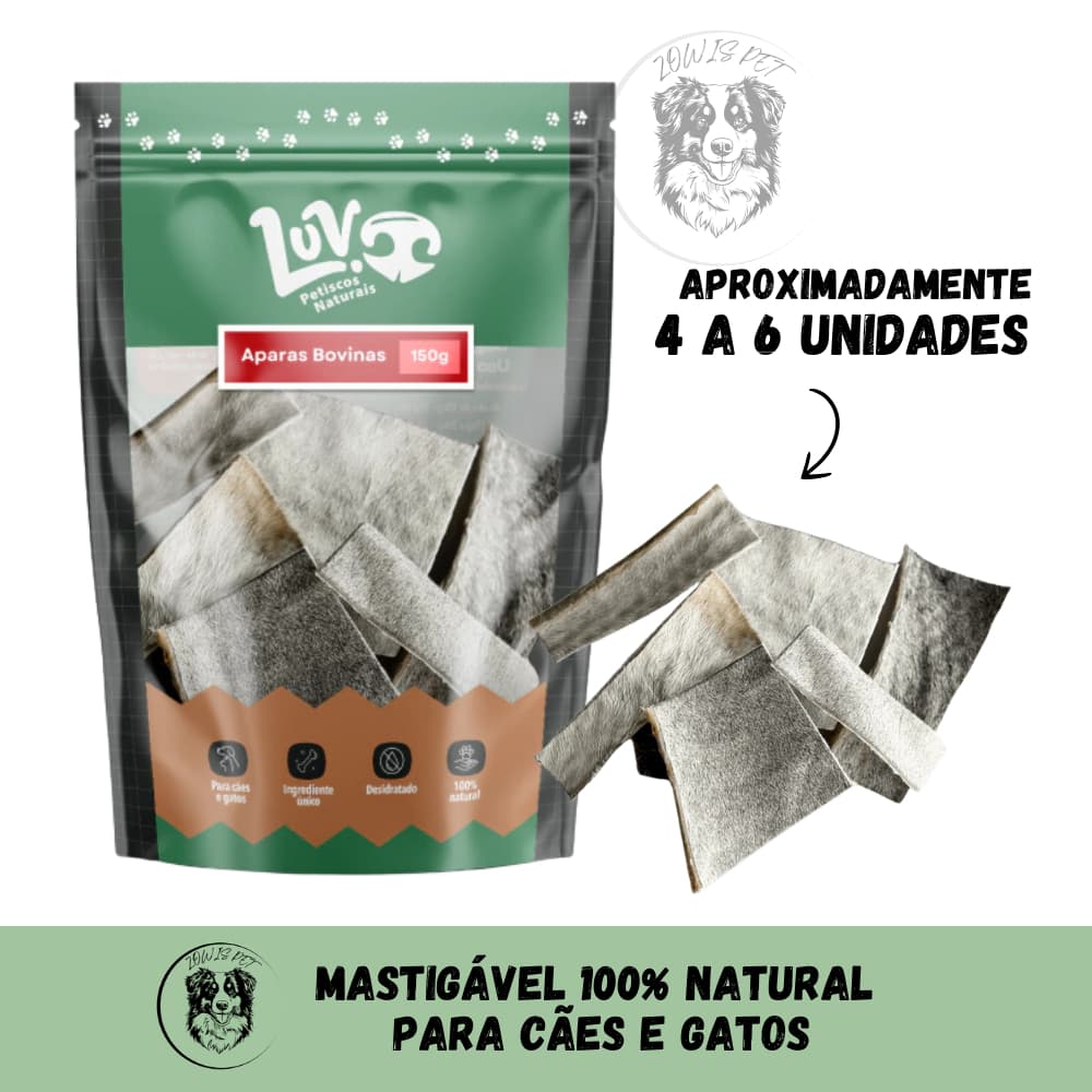 Mordedor Natural Desidratado Pele Bovina para Cachorro Aparas Bovina 150g - Luv Petiscos