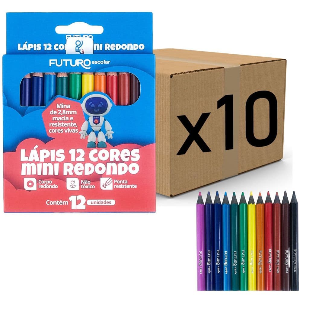 Kit 10 Caixas de Mini Lápis de Cor 12 cores Atacado Escolar Kit Festa Lembrancinha Futuro