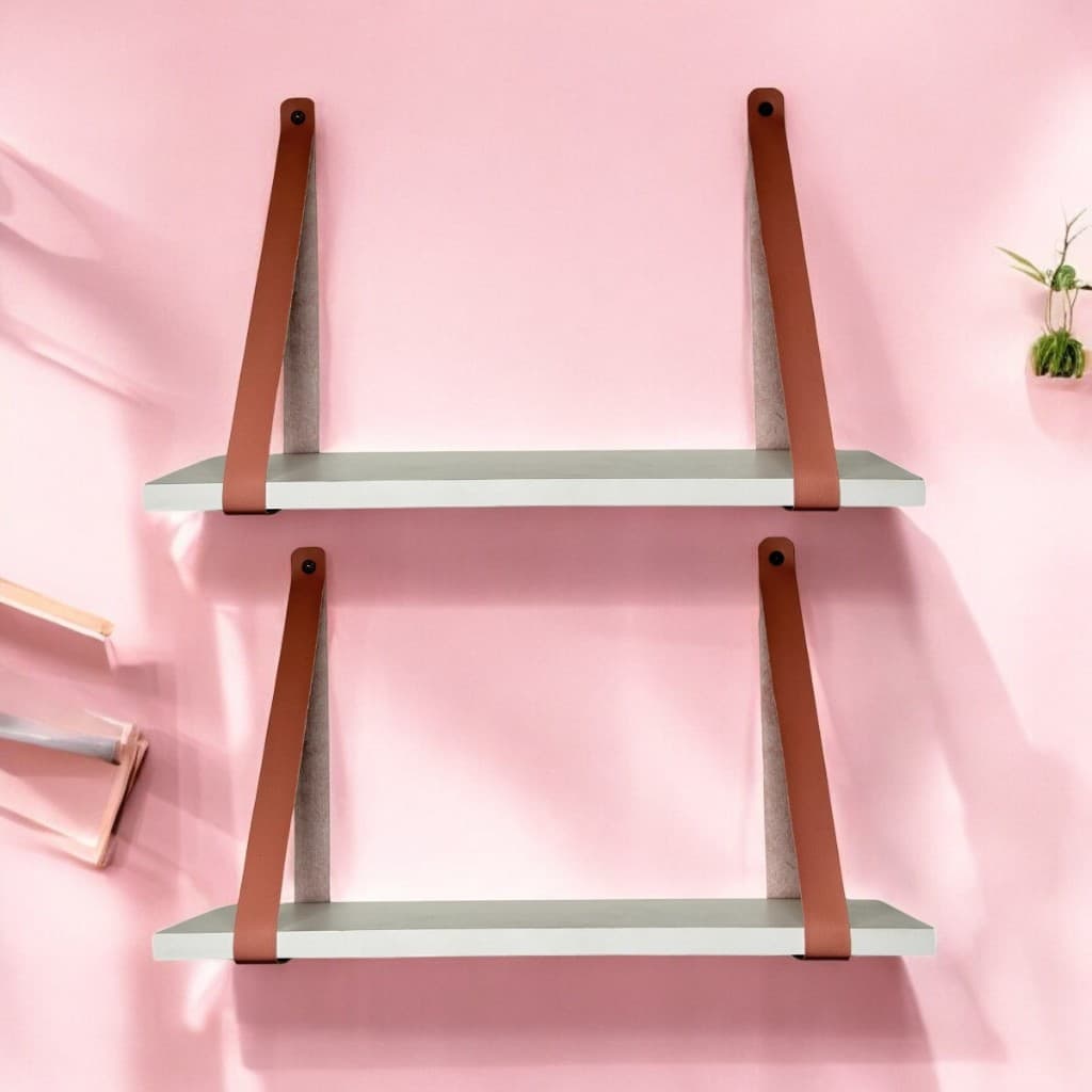 Kit 2 Prateleira de Parede decoração mdf Branca Com Alça couro Quarto Banheiro Sala