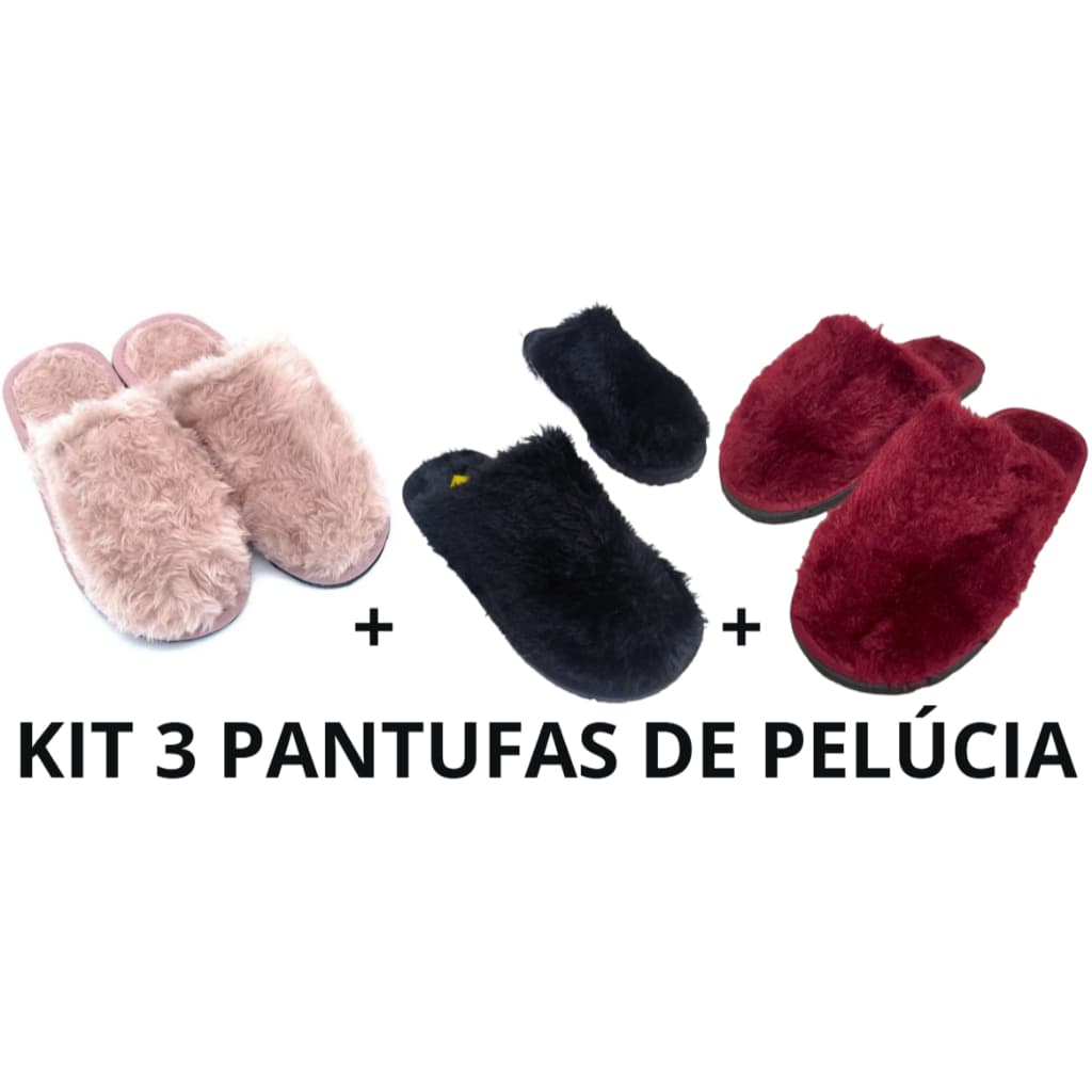 Kit 3 Pantufas de pelúcia confortável, chinelo de quarto, inverno, frio, solado antiderrapante, unissex, várias cores