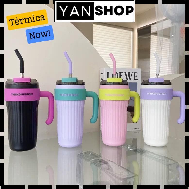 Ganeca Copo Térmico 860ml Aço Inox Com Tampa com Canudo E Alça