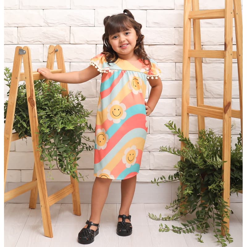 Vestido Verão Infantil Menina Vestido Floral Rosa Bebe Pompom Vestido Princesa Estampado Colorido Vestido Festa Luxo