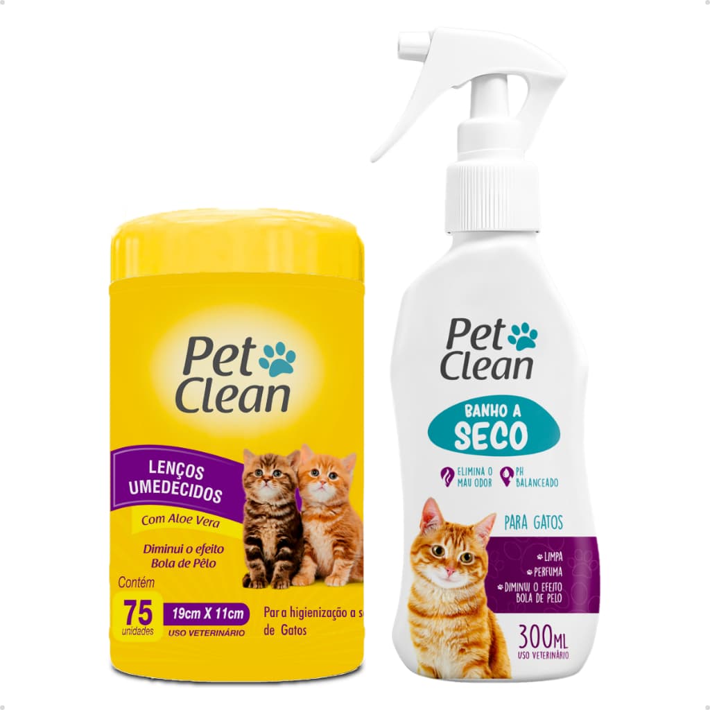 Kit Banho a Seco para Gatos 300 ml Pet Clean + Lenço Umedecido 75 Unidades para Gatos Pet Clean