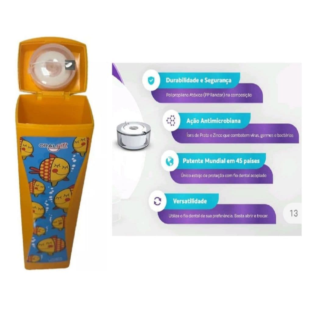 Porta Escova Infantil Com Fio Dental Acoplado OralGift Higiene Bucal Infantil Antimicrobiano