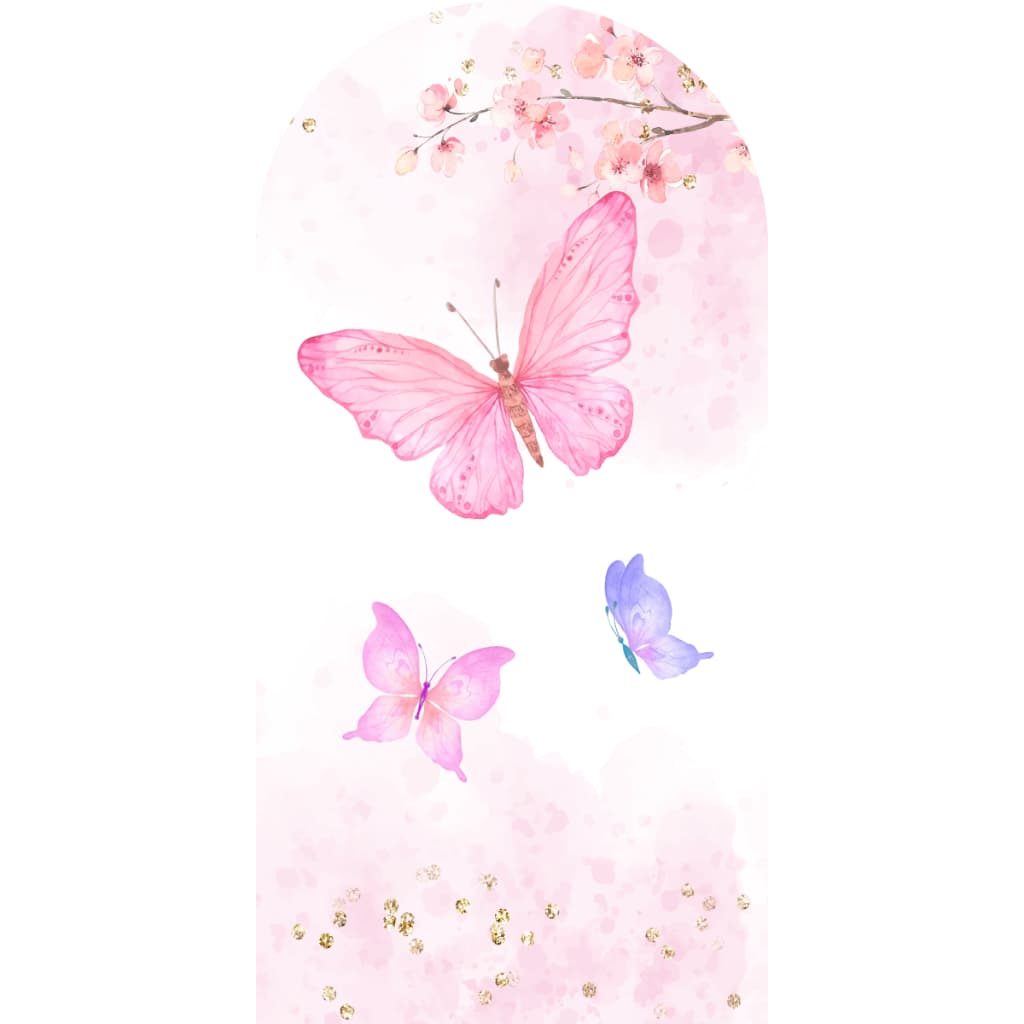 Painel de Festa Vertical Romano Borboletas Jardim Encantado 2,00m de Altura e 1,00m de Largura Em Tecido Sublimado