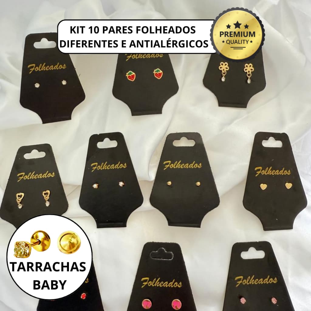 Kit 10 Pares Brincos Infantil Tarraxa Baby Folheados a ouro 18k Antialergico Criança Garantia Atacad