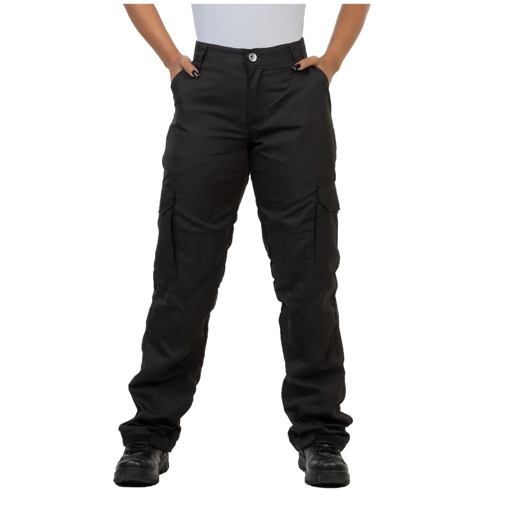 Calça Feminina Cargo Tática 100% Poliéster em Ripstop 6 Bolsos Preta