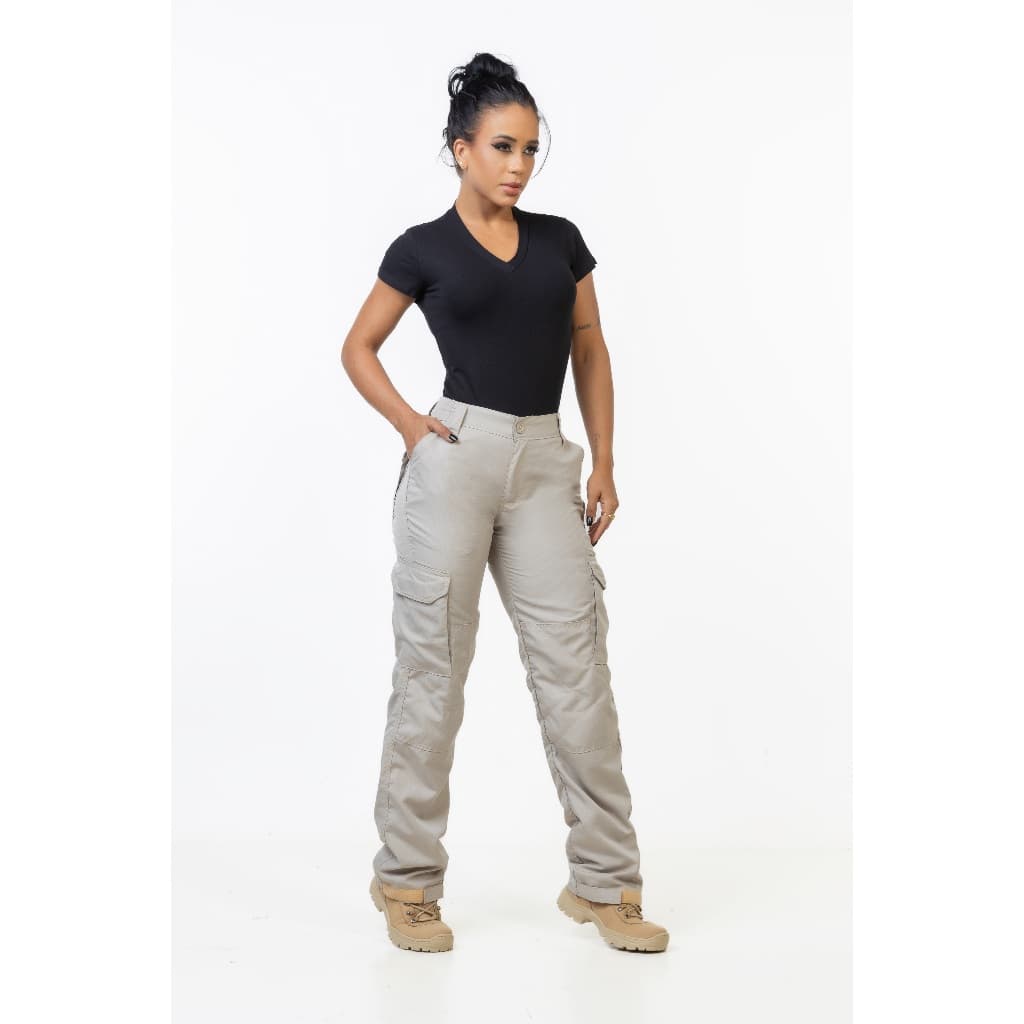 Calça Feminina Cargo Tática Poly Ripstop 6 Bolsos Caqui