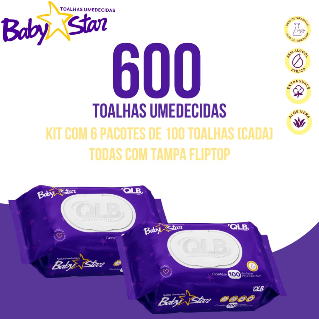 Caixa com 6 Lenços/Toalhas Umedecidas Baby Star c/ 100 Unidades Cada - Tampa FlipTop