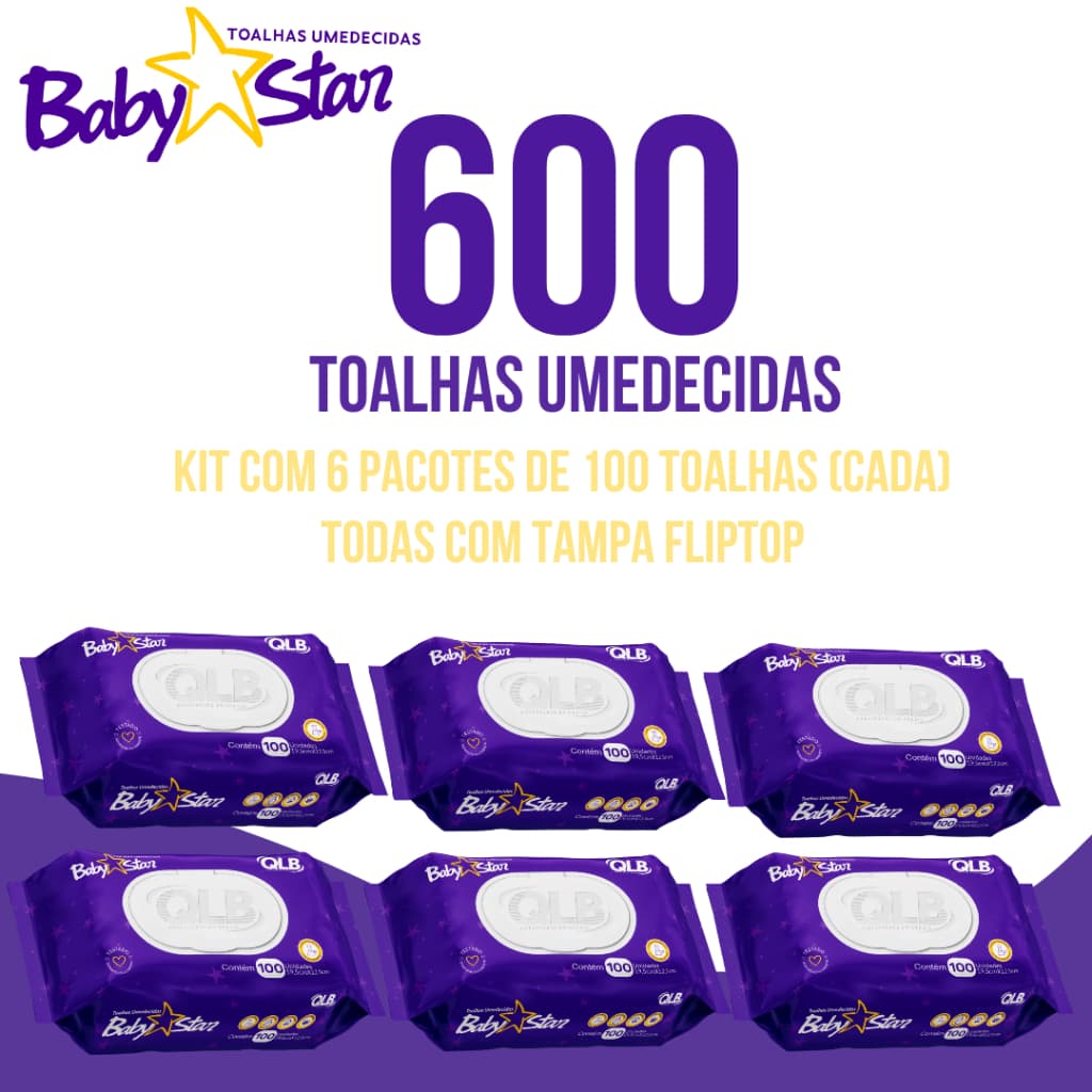 Caixa com 6 Lenços/Toalhas Umedecidas Baby Star Roxa c/ 100 Unidades Cada – Tampa FlipTop