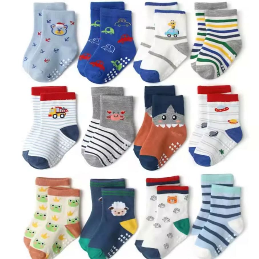 Kit 12 Pares de Meias Menino Bebê Recém Nascidos Com Antiderrapante Estampadas