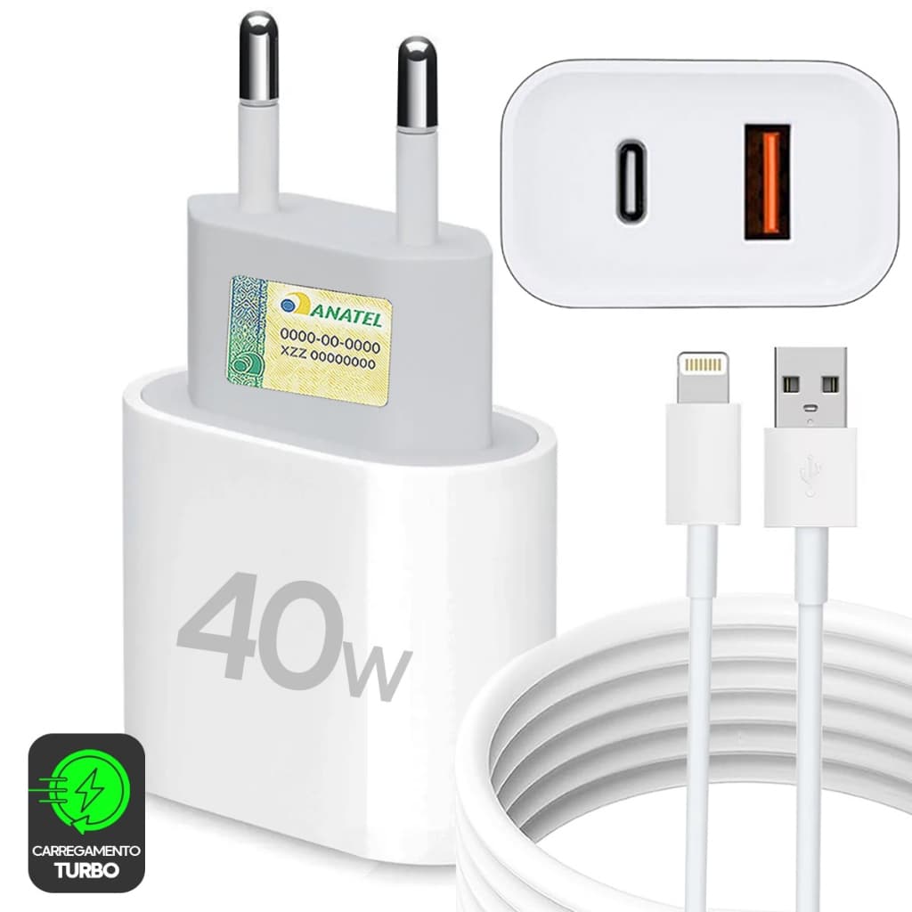 Carregador Iphone Super Turbo Fonte 40W 2 Entradas USB e USB-C + Cabo Usb-Lightning Ultra Rápido 7 8 X XR XS 11 12 13