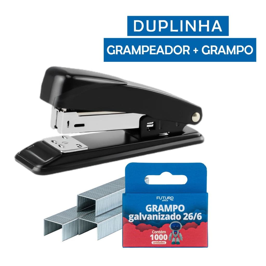 Kit Grampeador Metal + Grampo 26/6 Cx c/1000 Escritório Home Office Escolar Papel Grampear