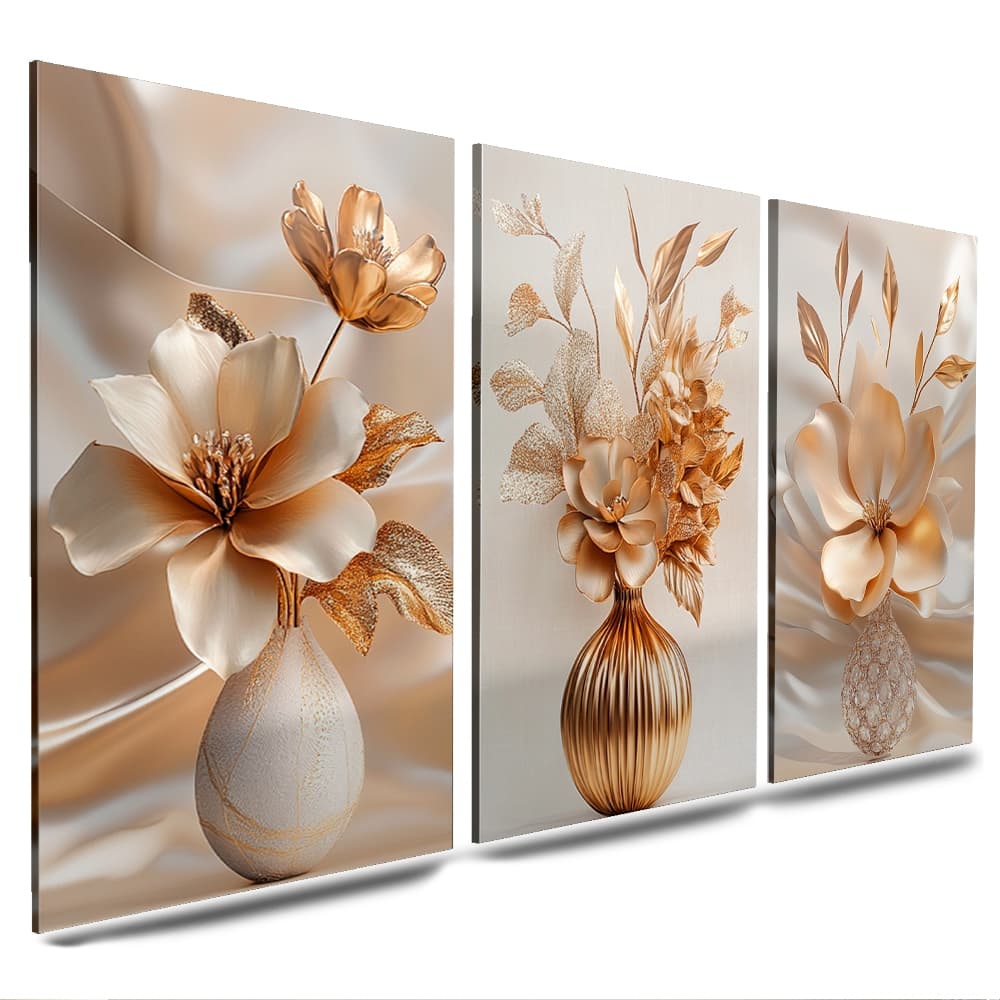 Quadros Decorativos 3 Peças Vasos de Flores Bege Delicadas Luxo Gold Para Sala Importado (V.B)