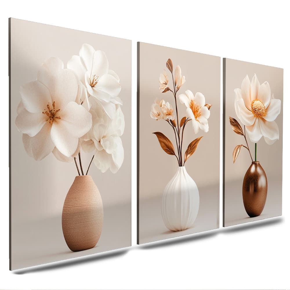 Kit Quadros Flores Vasos de Flores 3 Peças Delicadas Rosas Luxo Gold Para Sala Quarto Importado 120x60cm ( VASO MARROM)