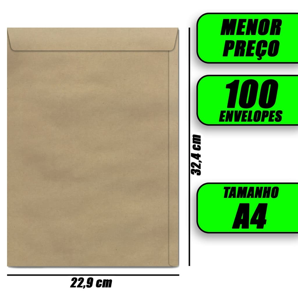 Envelope A4 Oficio Pardo Kraft 22 X 32cm 100 Unidades