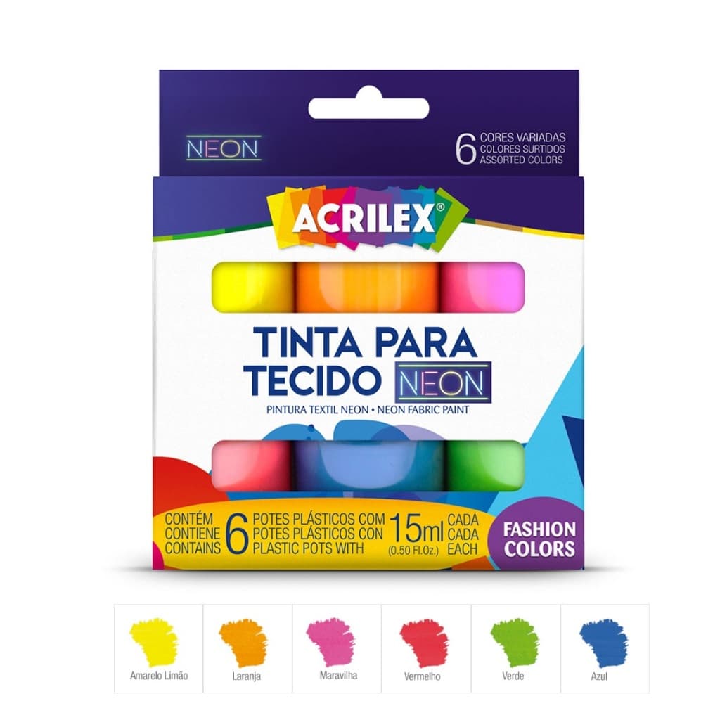 Tinta Para Tecido Art Teen Acrilex C/ 6 Cores Neon 15ml