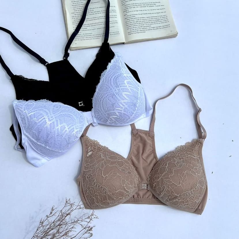 3 Sutiãs de Renda Nadador com Bojo Soft Fecho Frontal Sutien Conforto Dia Dia Moda íntima Feminina