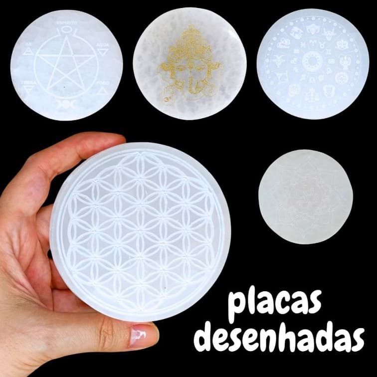 Placa Selenita Branca Diversos Flor da Vida Flor de Lotus Cristal Zodiaco Elementos