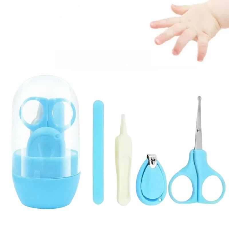 Kit 4 Higiene Manicure Bebê-Tesoura Cortador e Lixa Unha e pinça ,com Case Caixa,Rosa/Azul