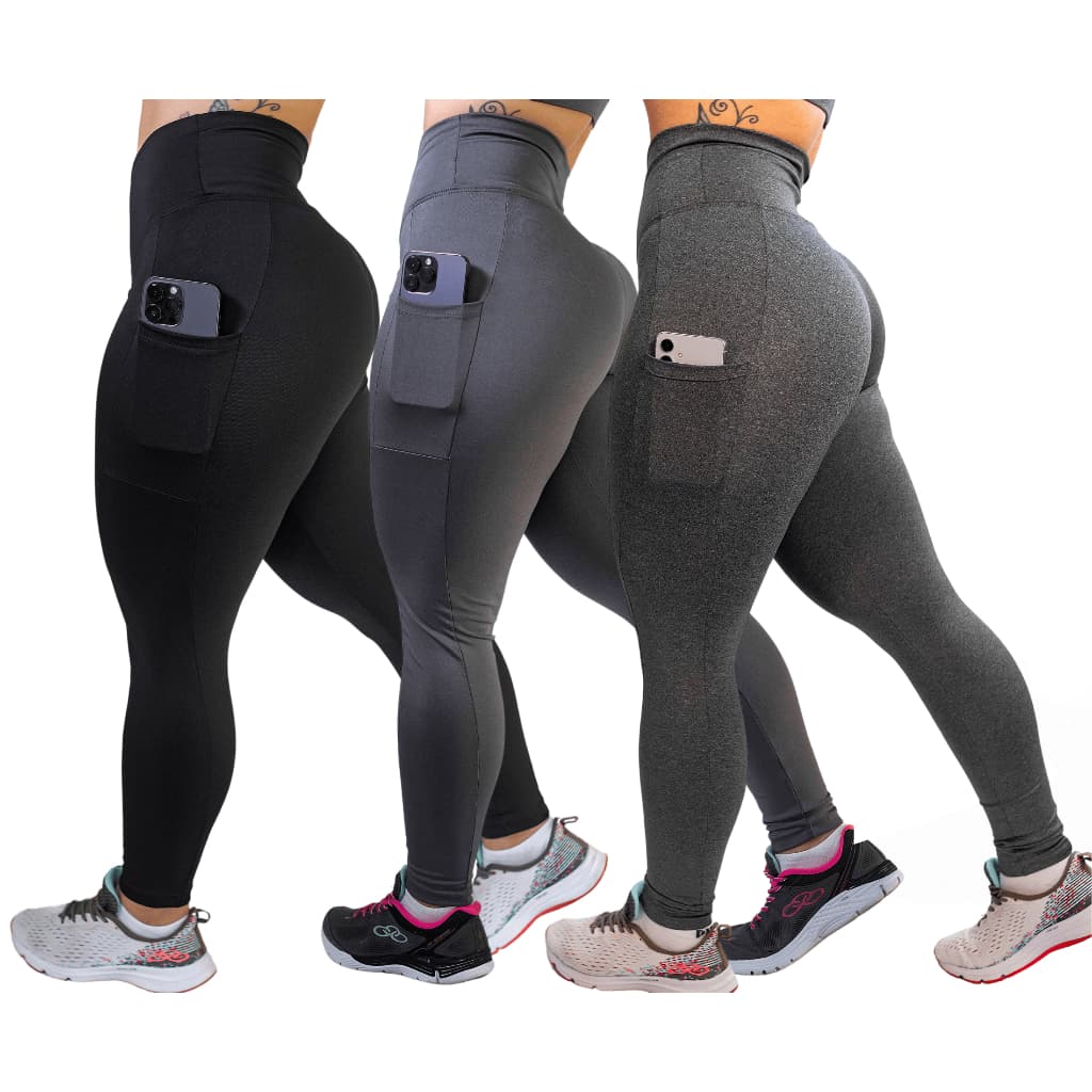 Kit 3 Calças c/ Bolso Cos Alto Reforçada Academia Corrida Trabalho
