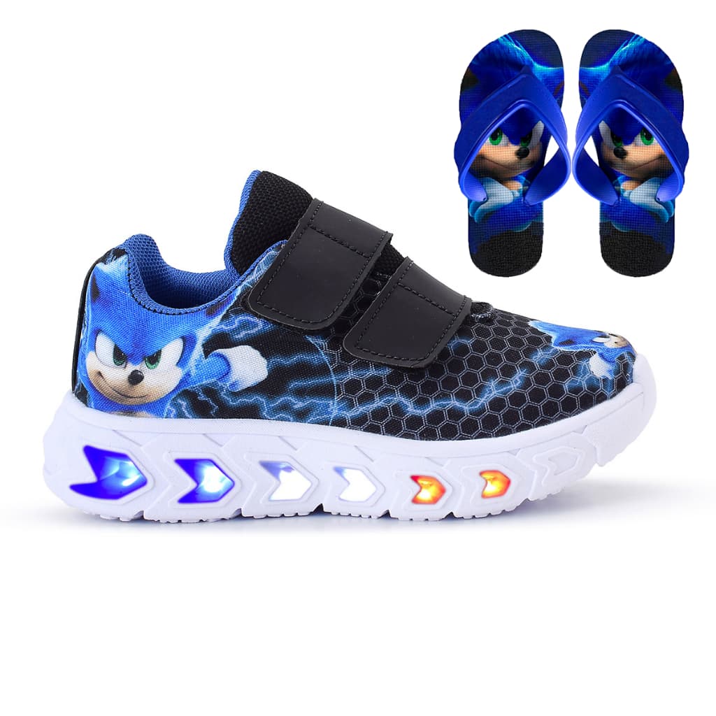 kit Tênis Masculino Infantil De Led Meninos Sonic Velcro Preto Royal + Chinelo Linkito