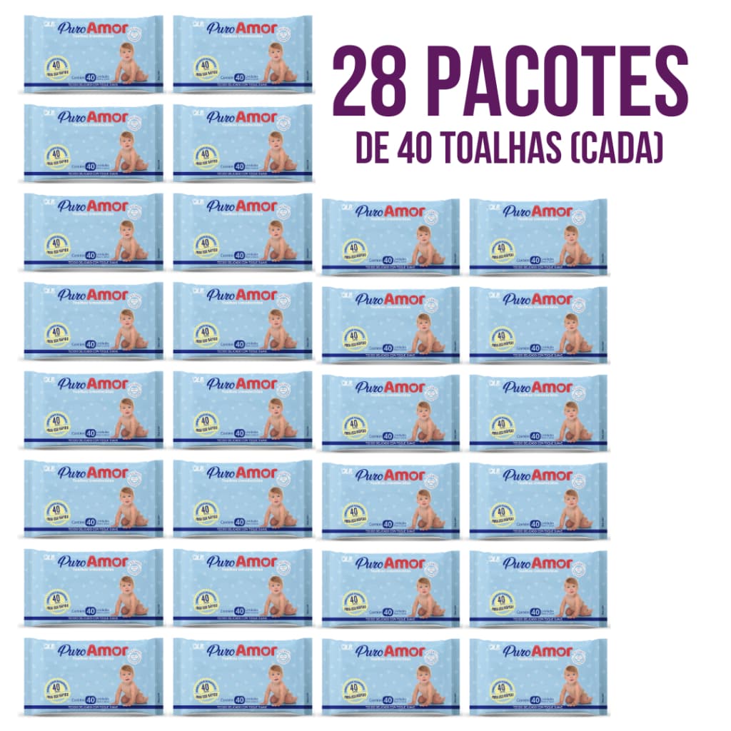 Caixa com 28 Lenços/Toalhas Umedecidas Puro Amor c/ 40 Unidades Cada – Econômico