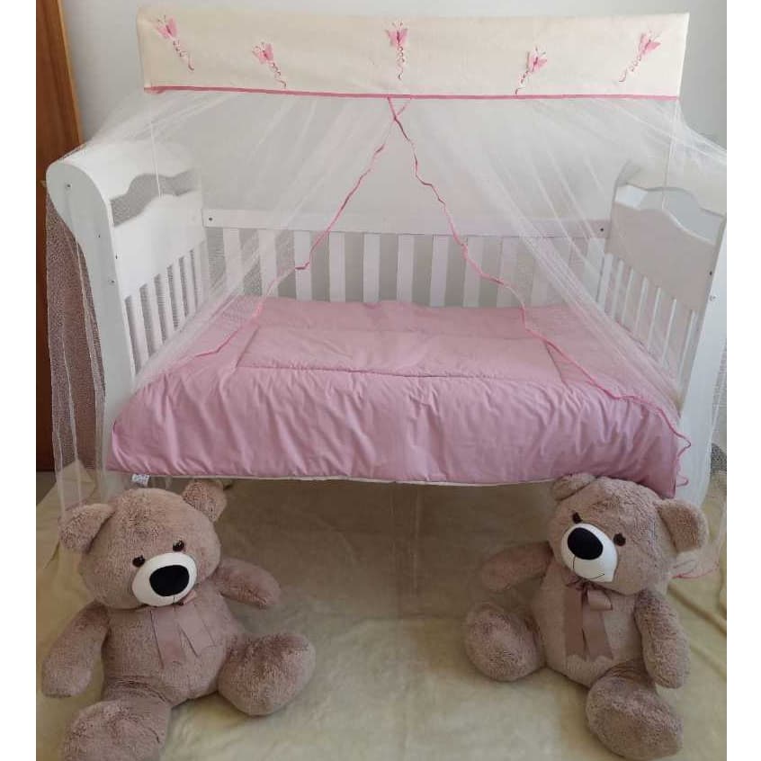 MOSQUITEIRO AVULSO PARA BERÇO BEBÊ BEGE -  BORDADO  BORBOLETAS ROSÊ