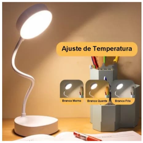 Luminaria de Mesa Led Articulável com 3 Níveis de Luminosidade Bateria Interna Ideal para Estudo Trabalho