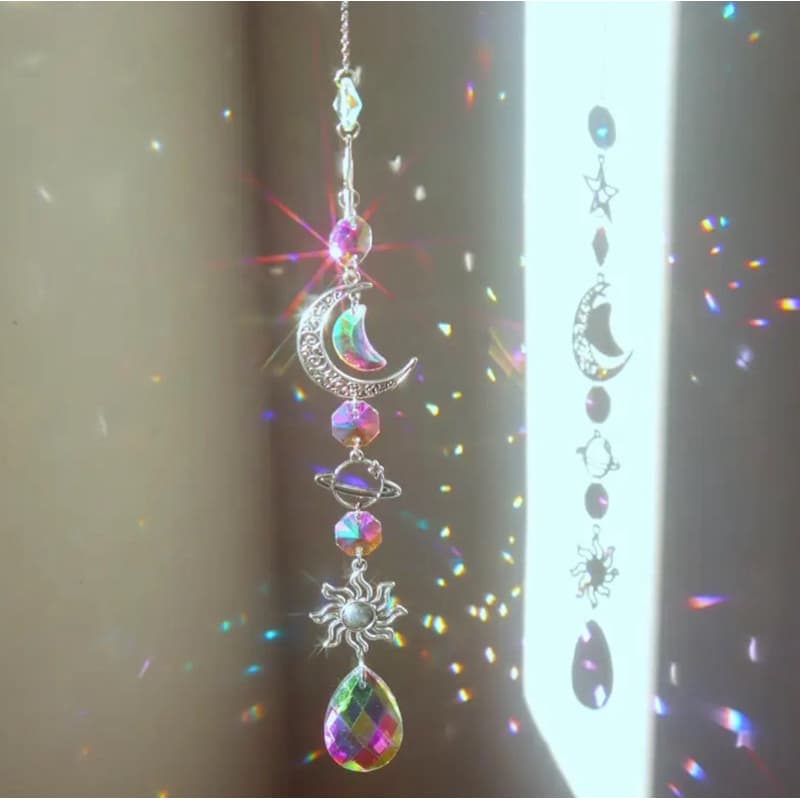 Carillon de Vento Lua & Sol de Cristal com Prisma de Diamante -para Decoração de Casa e Jardim, Pingente