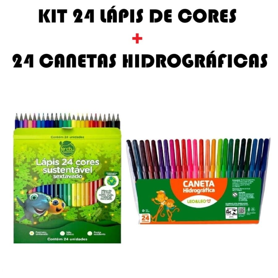 Kit 24 Lápis De Cor E 24 Canetinhas Hidrográficas Material Escola Pintura Criativa Multicolorida