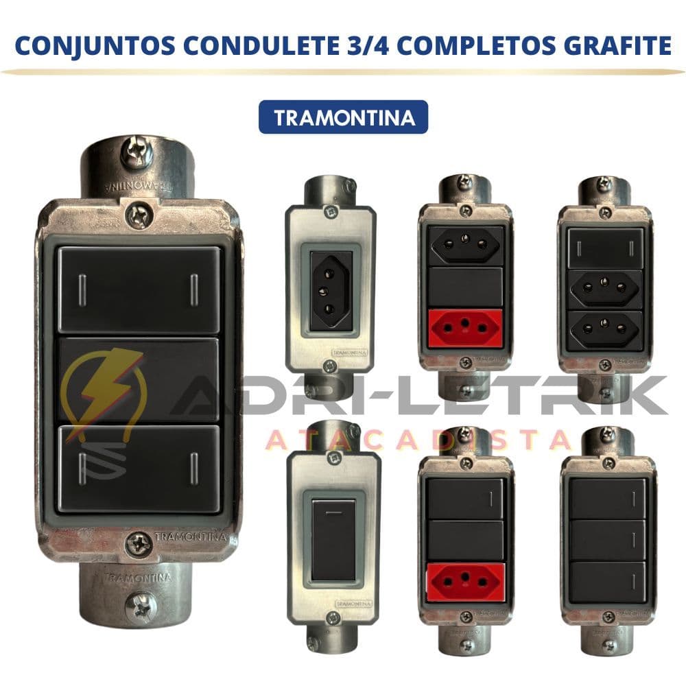 CONJUNTO CONDULETE  3/4  COM TOMADA E INTERRUPTOR TRAMONTINA ALUMINIO LIZ GRAFITE