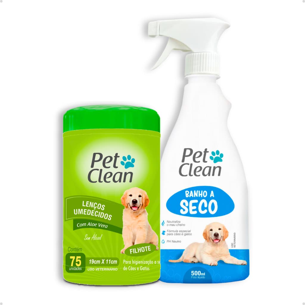 Kit Banho a Seco Sem Enxágue + Lenço Umedecido para Cachorro e Gato Pet Clean