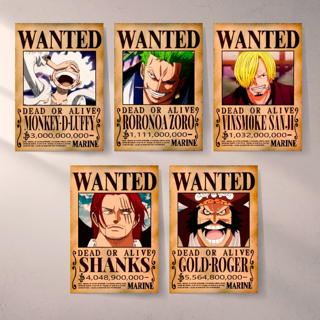 Kit 5 Quadros Decorativos One Piece 15X20 Anime Placa Decorativa Recompensa Luffy Zoro Sanji Wanted