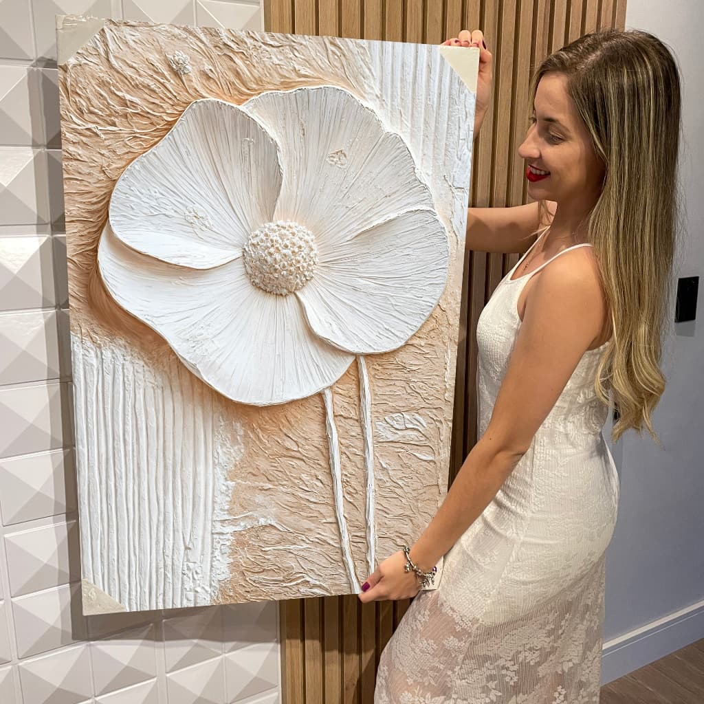 Quadro Decorativo Grande Composição Abstrata Floral Flores E Ramos Brancos Vertical