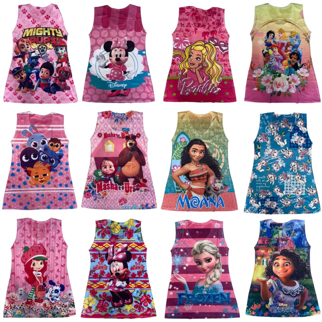 Kit 5 Vestido Infantil Temático de Personagem Sortidos Sem Manga