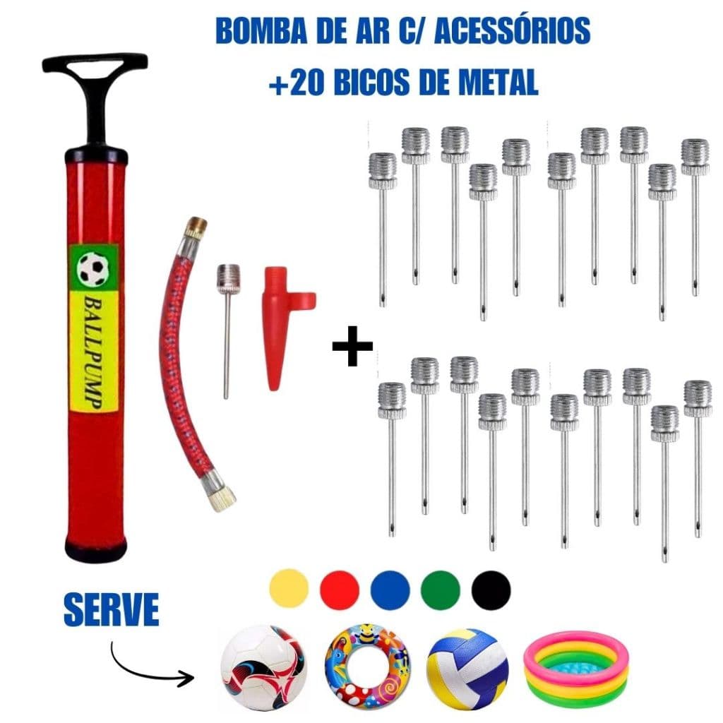 Bomba de Ar Manual c/ Acessórios + 20 Bicos de Metal p Encher Bolas Bico p/ Infláveis Boia  Piscinas