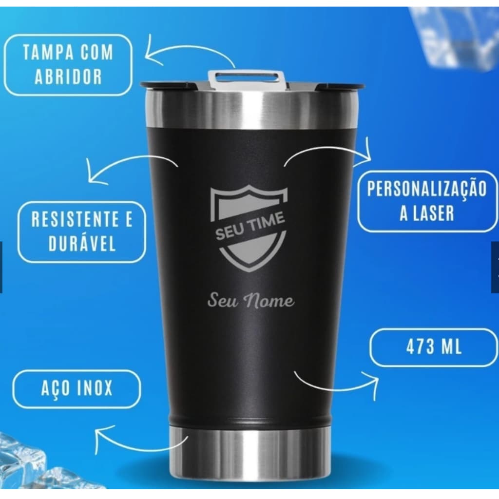 Copo Térmico personalizado com seu NOME, LOGO,DESENHO,TIME do seu coração com tampa e abridor 473ml
