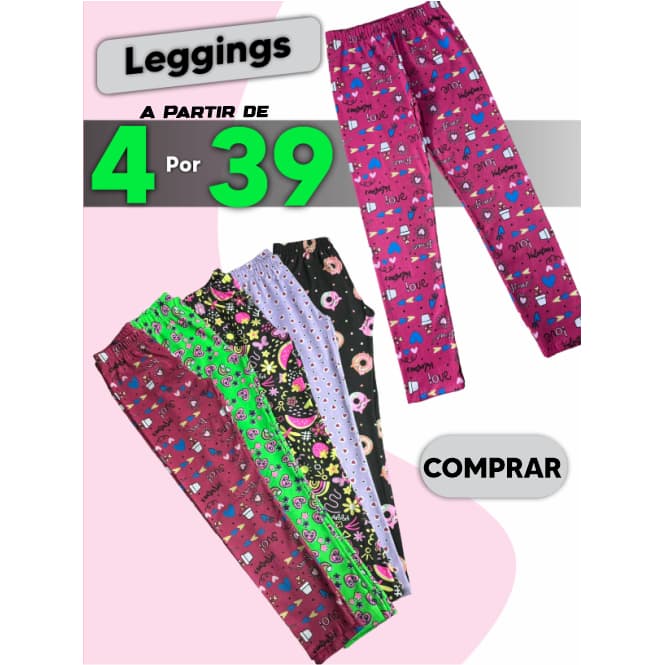 Kit com 4 Leggings Infantil Menina Estampadas em Suplex Com Elastano - Promoção Relampago