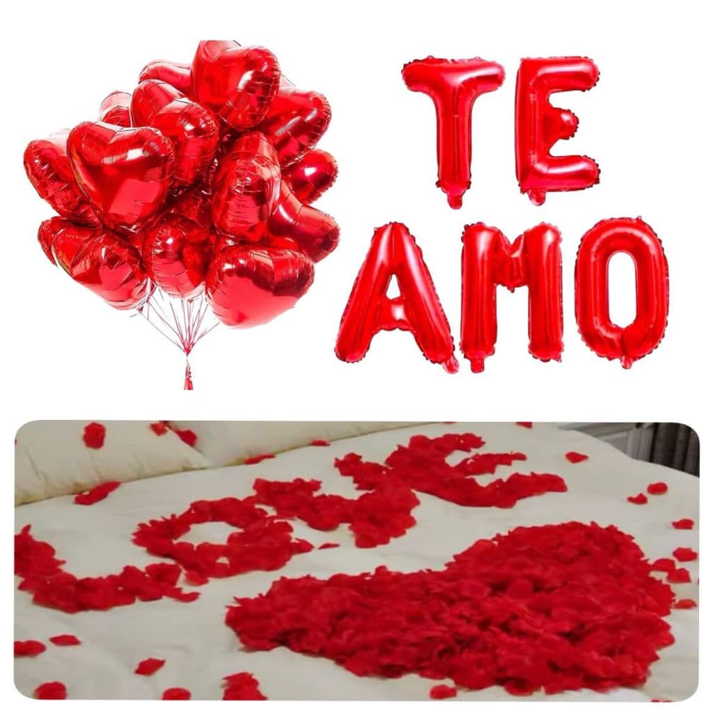 Kit Romântico 200 Pétalas Artificiais + 5 Balão Coração + Balão Te Amo