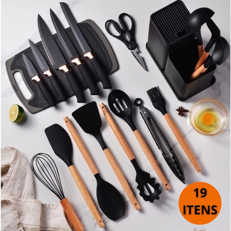 Kit Completo Jogo de Cozinha Luxo 19 Peças Com Tábua em Silicone Espátula Faca Tesoura Utensílios