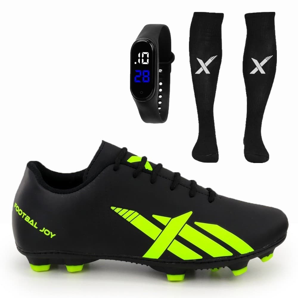 Kit Chuteira de Futebol Sola Campo Pião Trava Sola Costurada + Meião + Relógio