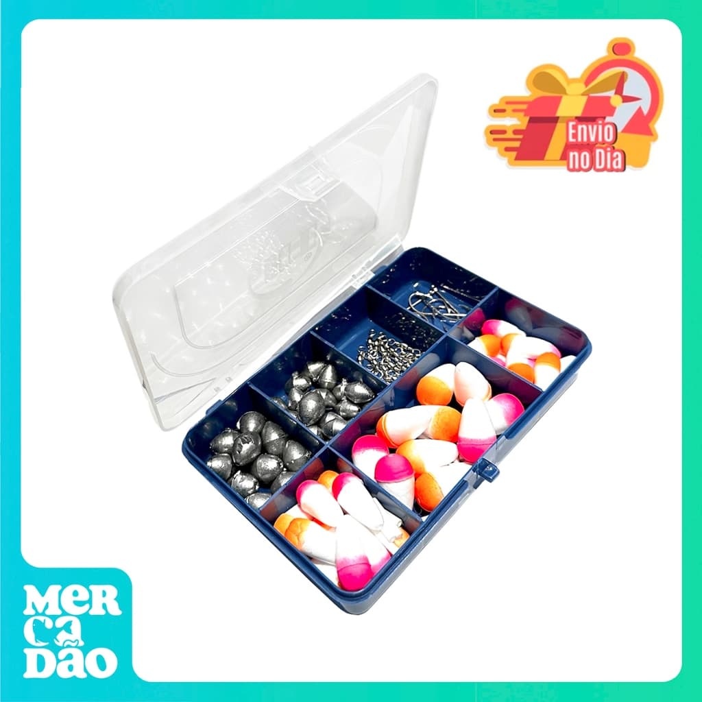Estojo Kit com Acessórios de Pesca Anzóis, Chumbadas, Giradores, Boias e Estojo